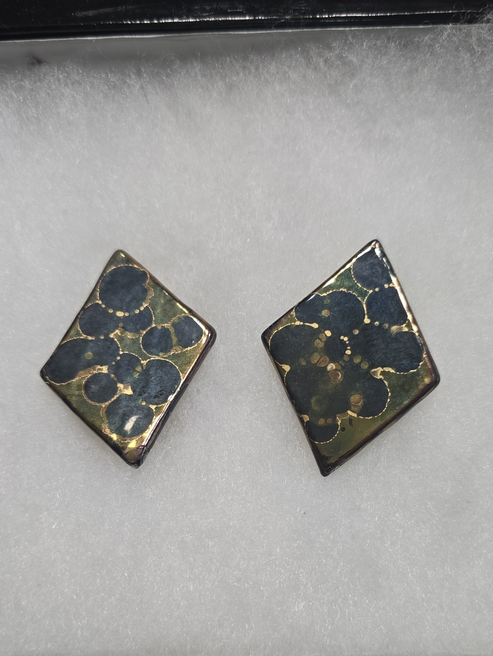 Gold and Black Floral Diamond-Shaped Stud Earrings